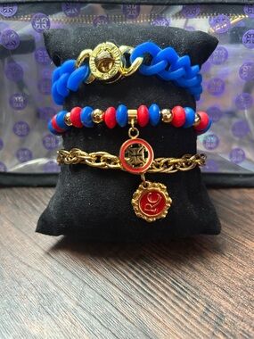 Gold Charm Bracelet Stack with Blue Silicone Chain and Red Accent Beads